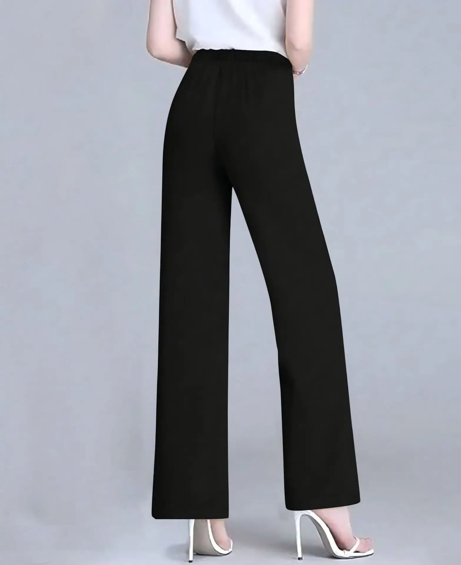 High Rise Wide Leg Palazzo Pants with Decorative Metal Buckle Waist Front Center Crease Loose Floor Length for Office Commute