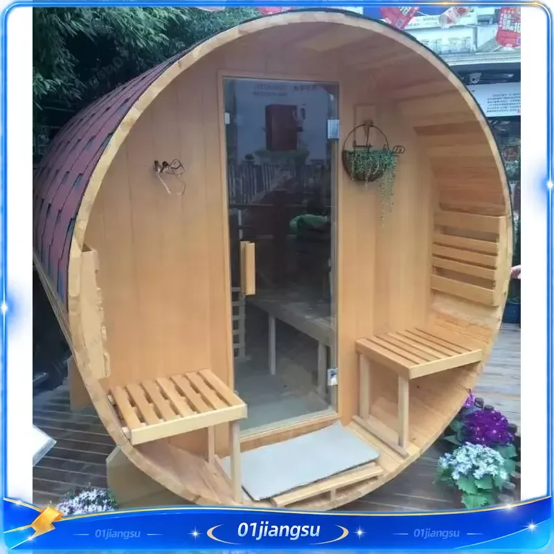 Outdoor Wood Barrel Sauna Room Finland Style Round Home Use with Front Porch Steam Bath House Garden Spa Kit for Adults