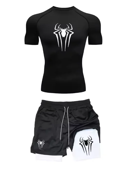 Men's Workout Compression Set Y2K Spider Printed Gym Tshirts Breathable Running Shorts Quick Dry Sports Rash Guard Sportwear Set