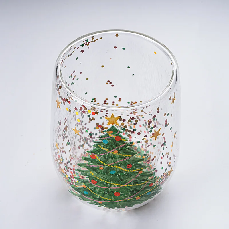 Christmas Tree Glass Cup Double Wall Flowing Sequins Cartoon Cute Heat Insulation Drinking Water Cup Gift for Christmas Birthday