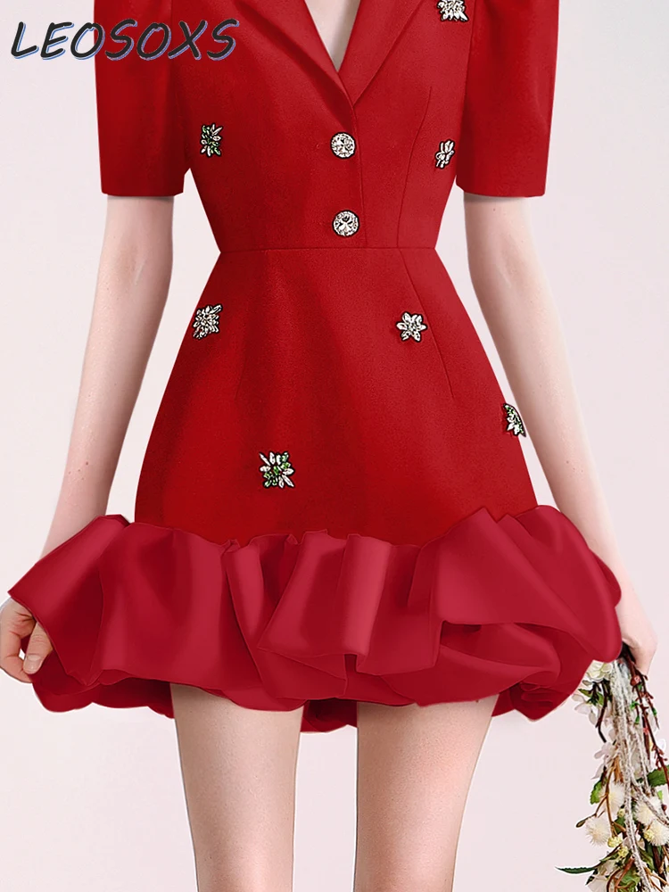 Niche Elegant Red Suit Dress Women\'s Spring and Summer New Heavy Industry Rhinestone Organza Stitching Short Sleeve Suit Dress