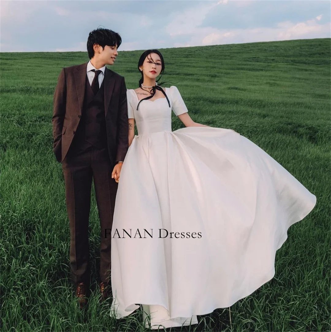 

FANAN Korea Ivory Satin Simple Wedding Dresses Sweetheart 웨딩드레스 Short Sleeves Long Corset Custom Made Bride Gowns Plus Size