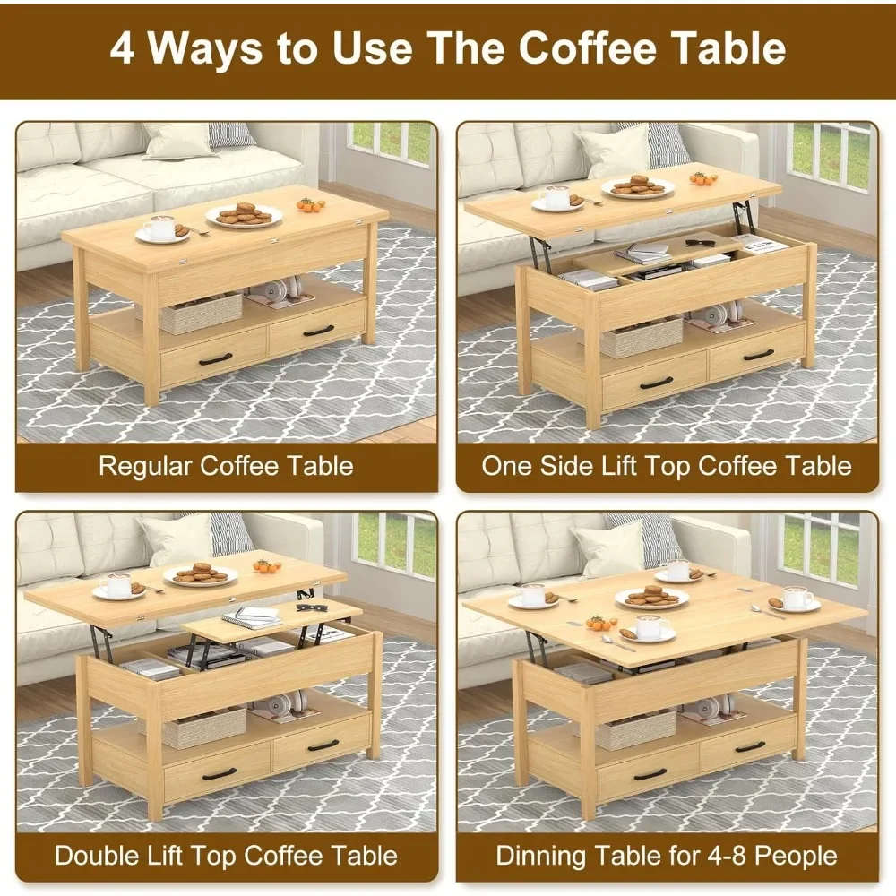 42'' Lift Top Coffee Table, 4-in-1 Multifunctional Lift Coffee Table with Storage & Hidden Compartments, Farmhouse Coffe Table