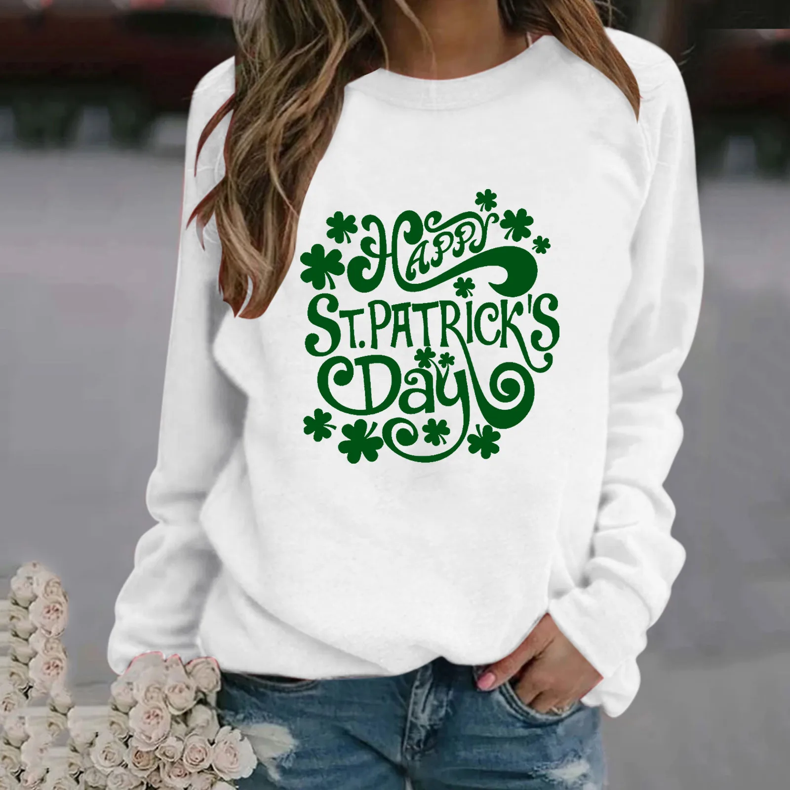 Women Happy St Patricks Day Print Hoodless Sweatshirt Girls Green Pullover Top Hoodie Hooded Hoody-Free Streetwear Sports Cloth