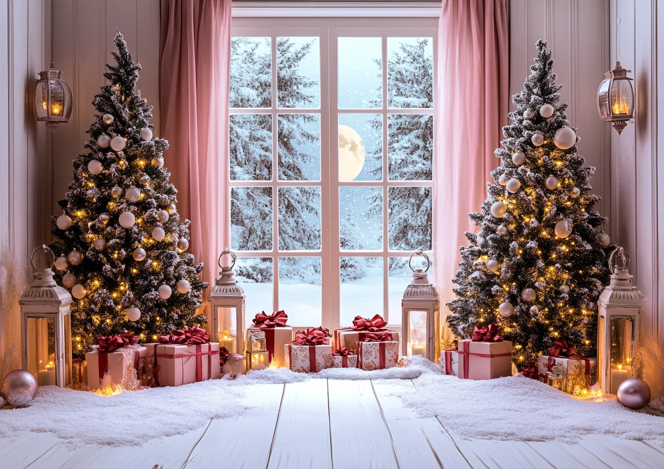 

Christmas Eve Girl Birthday Photo Background Photography Window Moon Pink Curtain Backdrop Xmas Tree Gift Lanterns Decor Photo