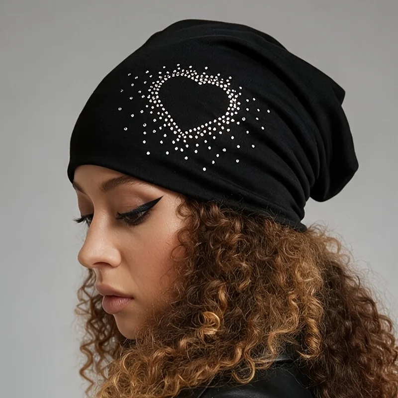 New Autumn Winter Rhinestone Oversized Heart Solid Color Women's Brimless Hat Double Layer Warm Beanie Suitable for Daily Use