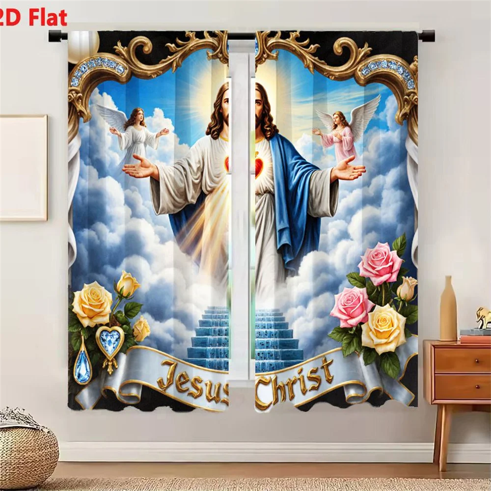 2Pcs Curtains 2D Flat Jesus Christ Religious Artwork Ornate Golden Heart Symbol Angels White Robe Blue Mantle Stairs Clouds Blue