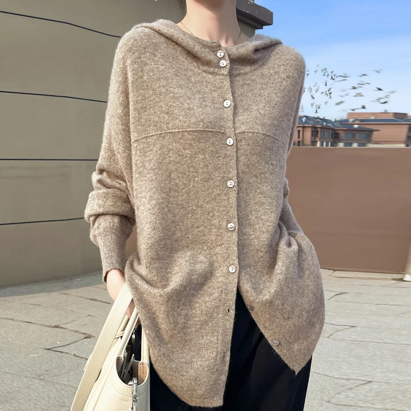 

100% Wool Cardigan for Women Autumn Winter Fashion Solid Color Long Sleeved Tops Elegent Loose Knitted Hooded Sweater Cardigan