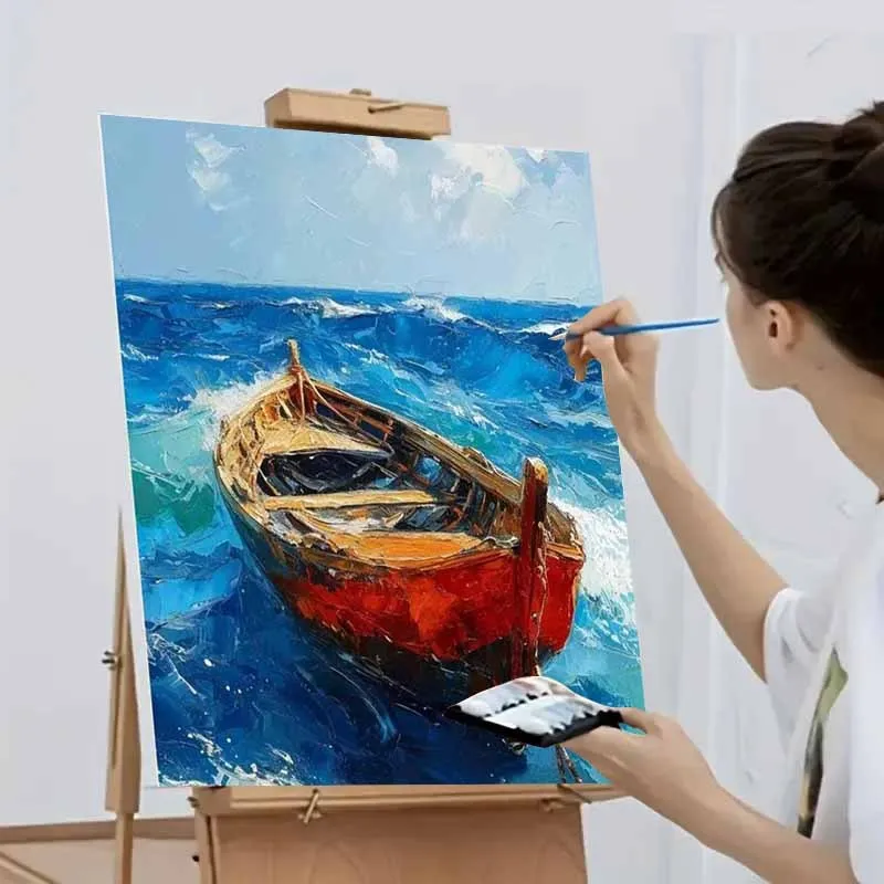 Malen nach Zahlen für Erwachsene: Meereswelle, Holzboot, Zeichnung auf Leinwand, handgemalte Kunst, DIY-Bilder nach Zahlen, Heimdekoration