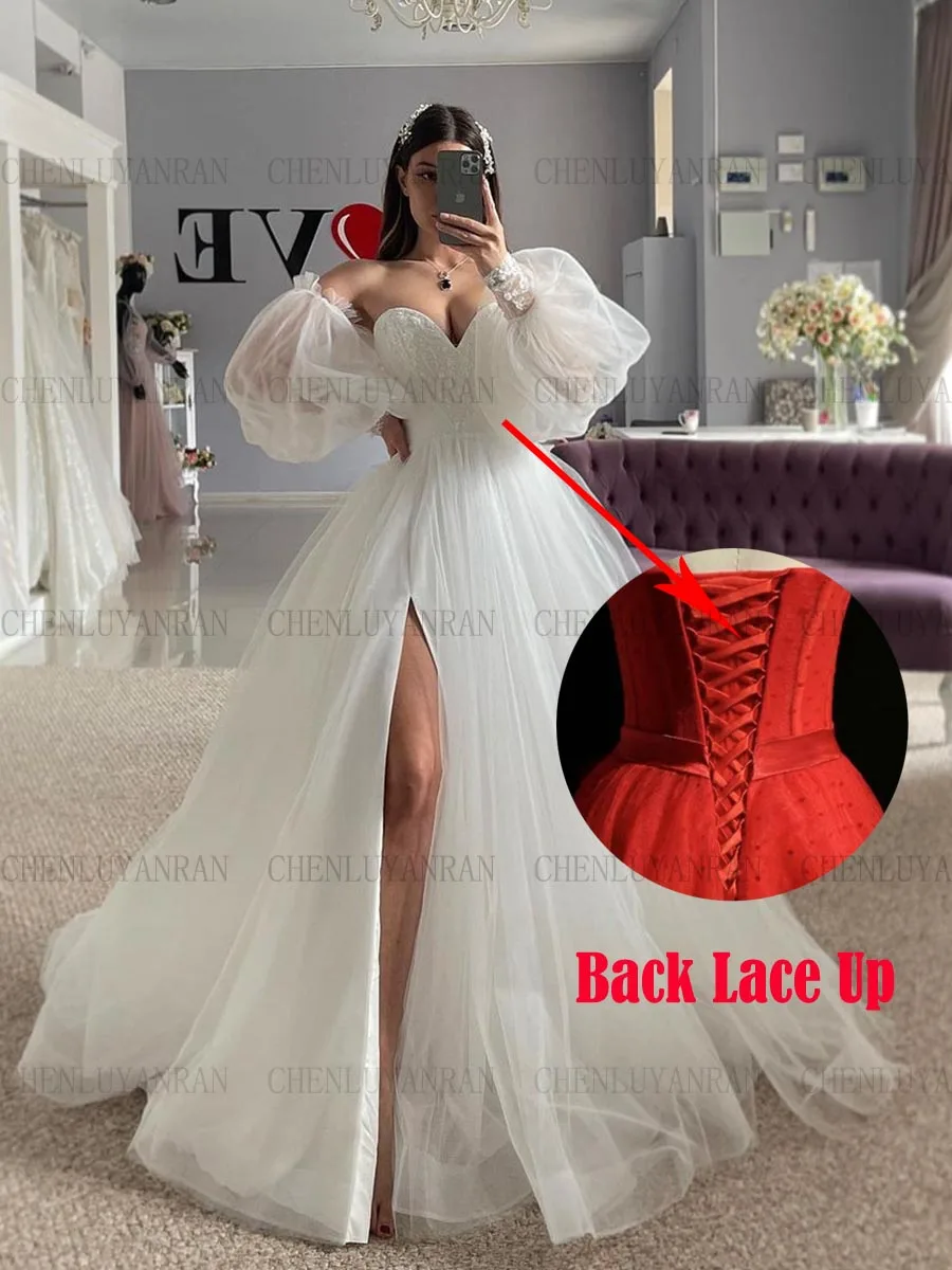 Beach Sweetheart Wedding Dresses Applique Tulle Long Bride Dresses Split Puffy Sleeves Sexy Dress For Women 2023 Robe De Mariée