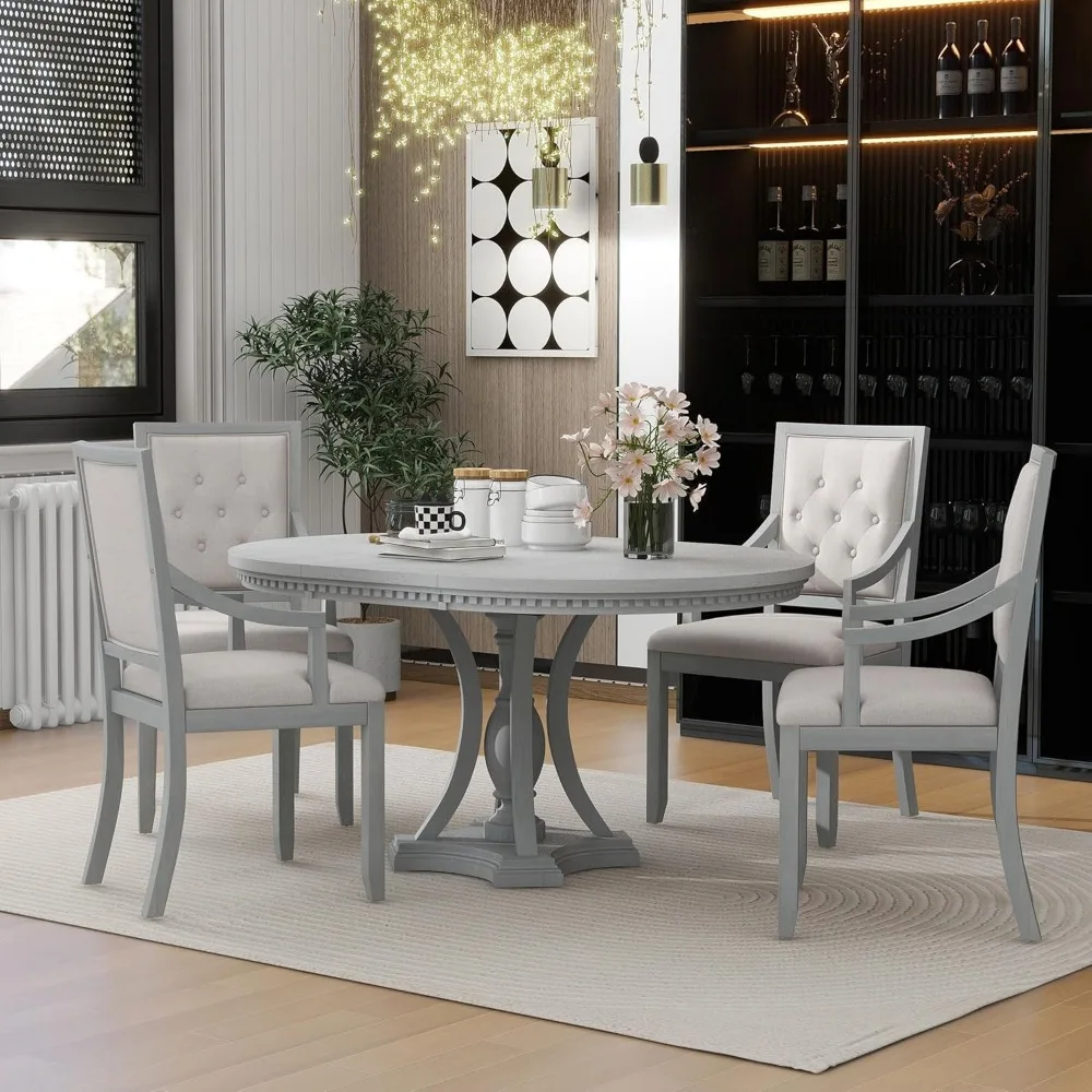 Retro 5-Piece Dining Set with Extendable Round Table and 4 Chairs for Kitchen, 42-58