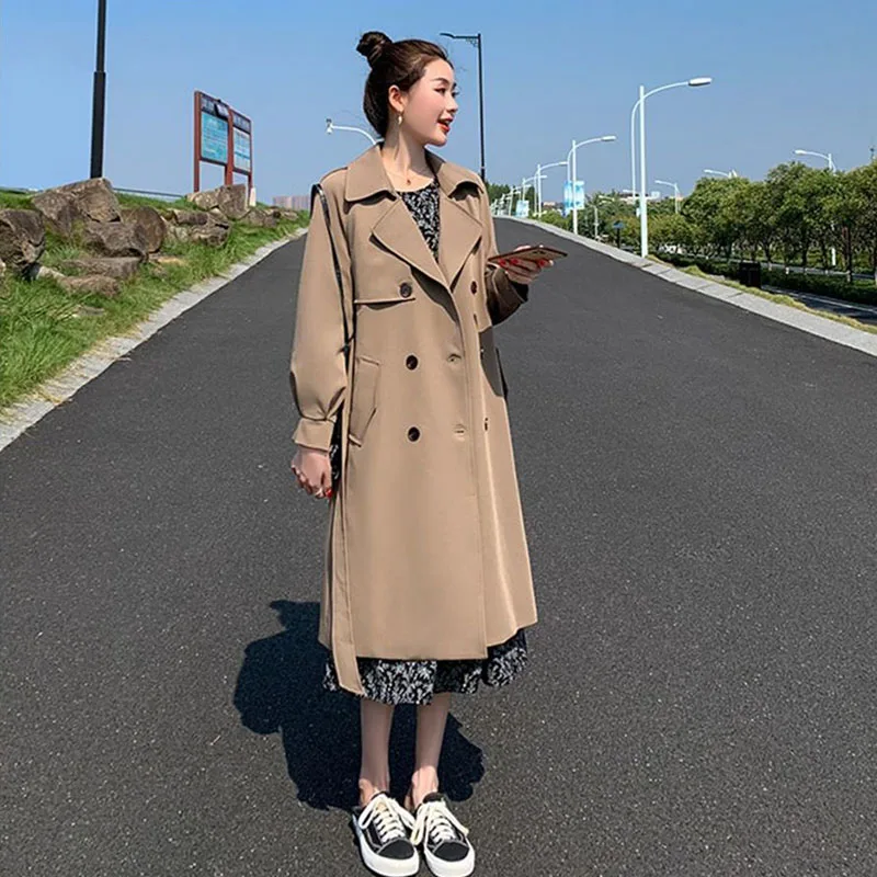 Gabardina de longitud media para mujer con fajas, prendas de vestir negras de color caqui oscuro, chaqueta holgada informal de manga larga a prueba de viento para primavera y otoño