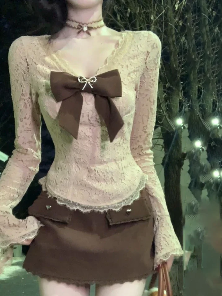 Harajuku Y2K الجمالية Harajuku البدلة الرجعية طويلة الأكمام بلايز تنورة خمر قطعتين مجموعة مساء حفلة الخريف سليم صالح أنثى جديد #1