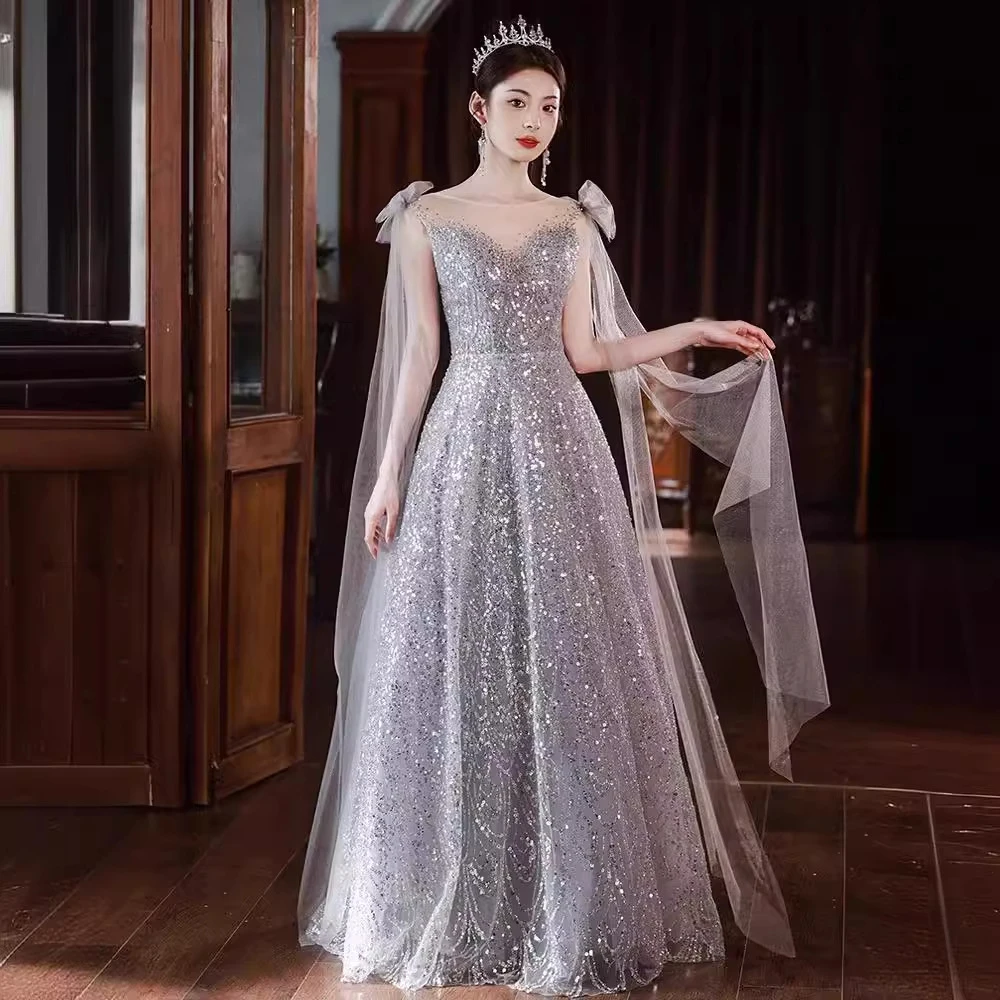 Gorgeous Luxury Silver Grey Evening Dress Women Sequins Mesh Collar Prom Gown Floor Length Draped Bow Trailing A-line Vestido