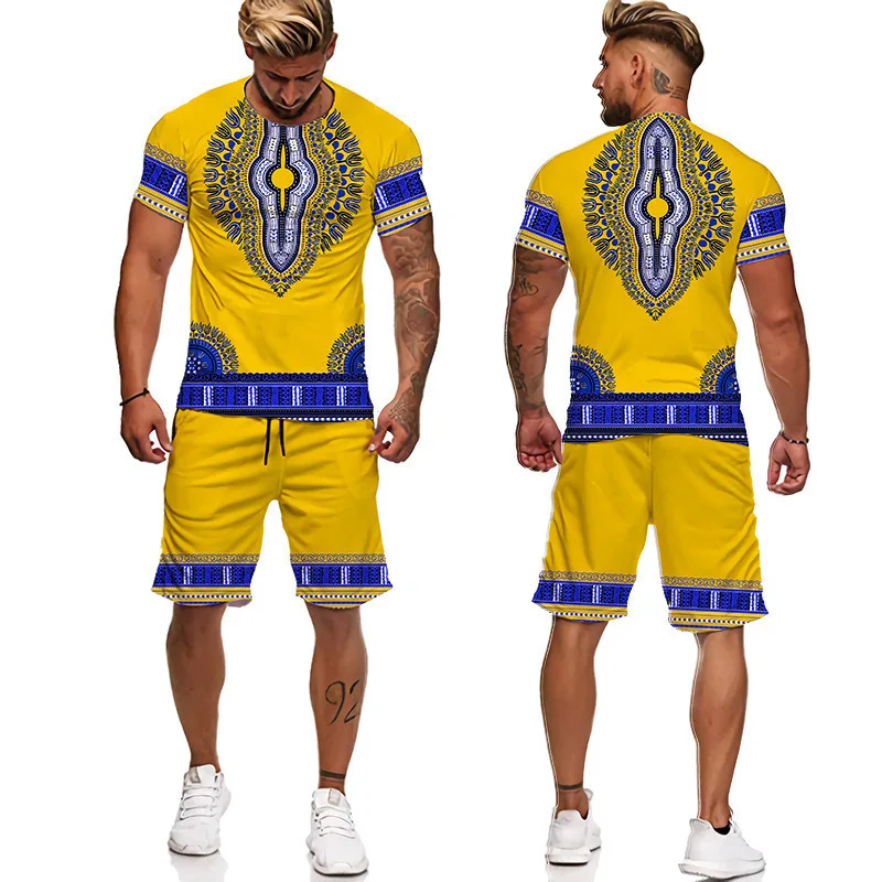 Summer African Ethnic Style Print Men\'s T Shirt+Shorts 2PCS Outfits Casual Shorts Sets 3D Oversized Man Clothes O-Neck Tracksuit