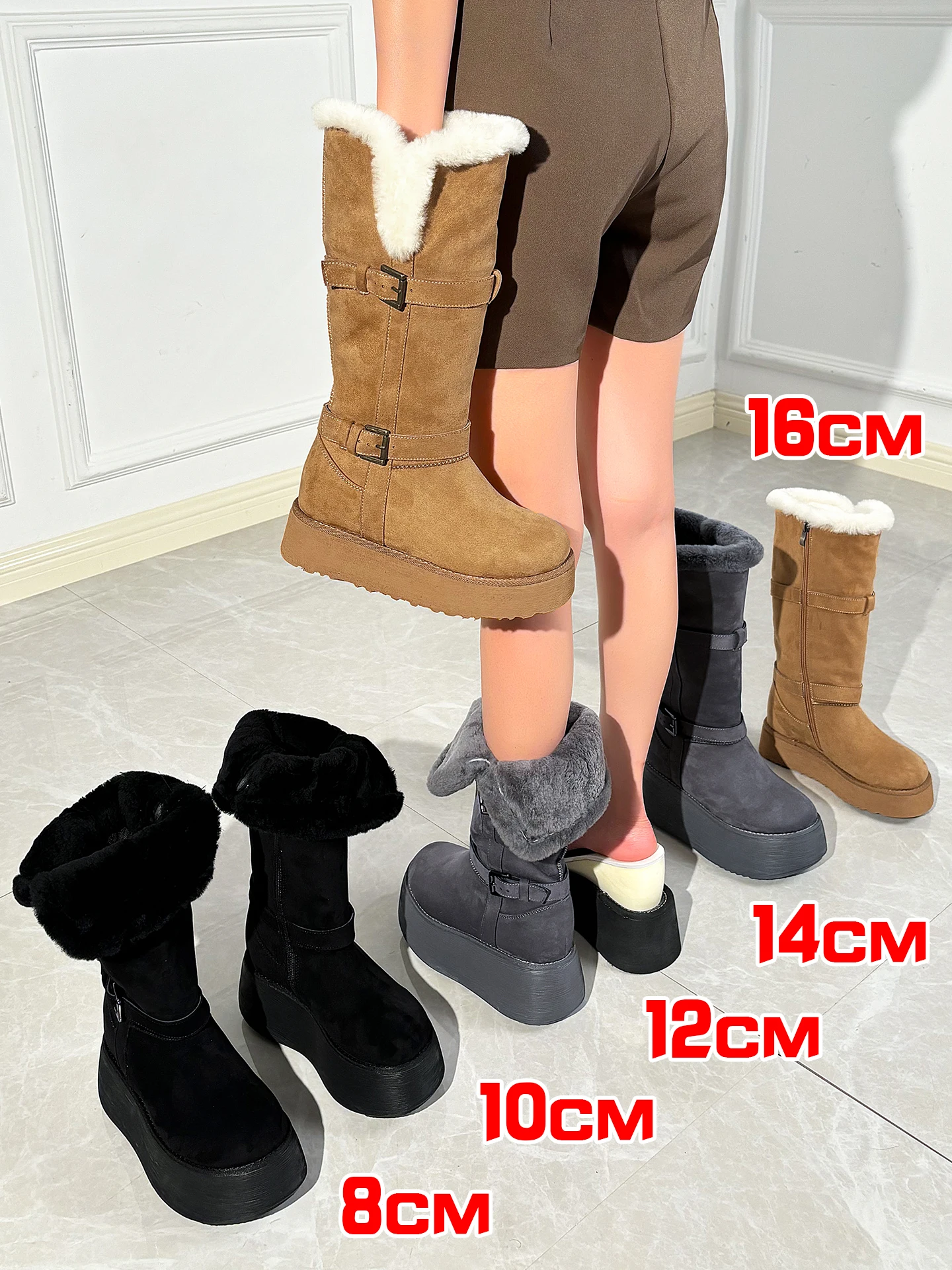 Botas de plataforma de 8-16cm para mujer, botas largas de lana para invierno, zapatos pequeños con aumento de altura, botines con elevador grueso de cuero Real