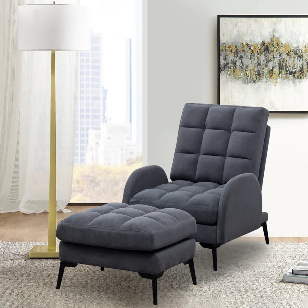 Frosted Velvet Recliner Armchair with Thickened Footstool, Dark Grey