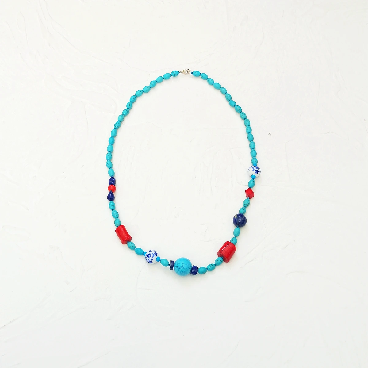 Lii Ji Blue Red Necklace Turquoise  Coral Blue and White Porcelain Necklace 56cm Women Jewelry Stock Sale