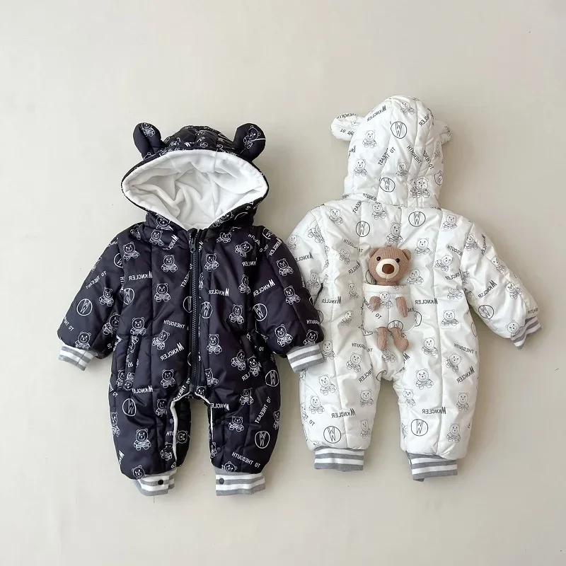 

Winter Baby Romper 0-3Years Newborn Boy Girl Long Sleeve Zipper Cartoon Bear Hooded Jumpsuit Fleece Thicken Warm Outwear Clothes