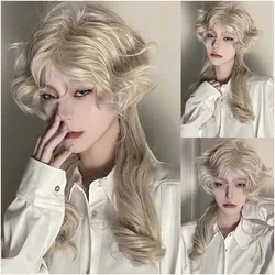 Beige Medium Long Curly Hair Retro Ouji Wig with Bangs 18 Inch 13x4 HD Wigs for Women Lolita for Cosplay and Party Use