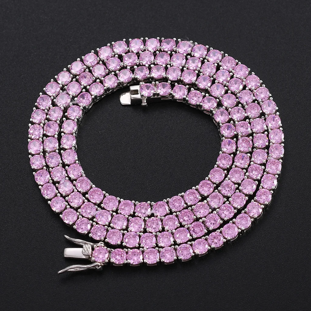 18K Gold Plated Tennis Chain Necklace Iced Out With Sparkling 4mm CZ Blue Pink White Crystal Unisex Bling Rapper Statement Jewelry Full Paved Shiny Tennis Chain For Men Women Accessory Single Row Zircon Gemstone Necklace Party Concert Daily Holiday Gift