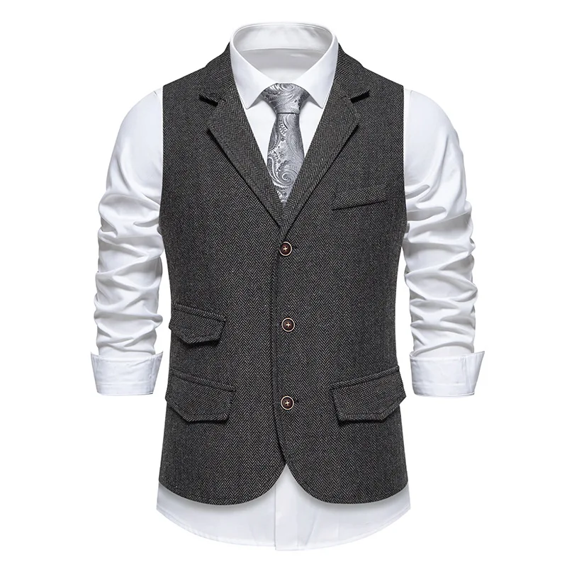 Autumn and Winter Men's Herringbone Tweed Suit Vest Retro Lapel Single-breasted Vest Vest