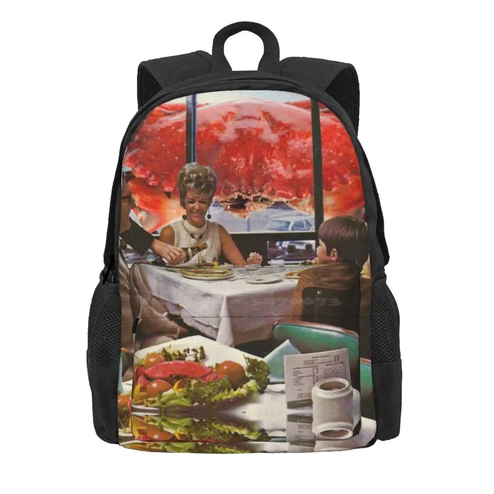 The Revenge Of The Crabs Hot Sale Schoolbag Backpack Fashion Bags Seafood Shellfish Retro Collage Surrealism Crab Funny Horror