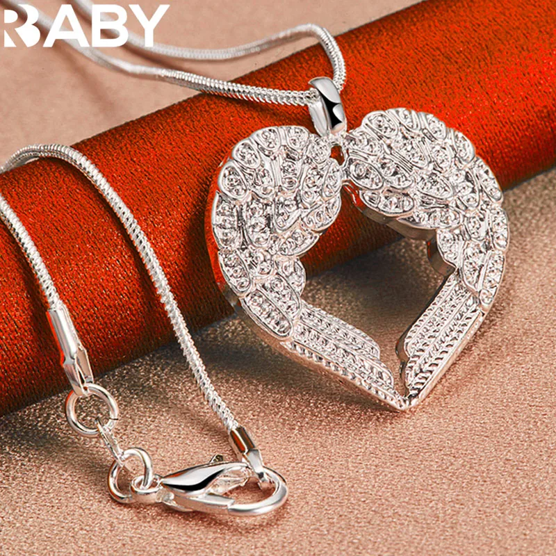 

URBABY 925 Sterling Silver With 16-30 inch Chain Heart Angel Wings Pendant Necklace For Women Wedding Engagement Party Jewelry