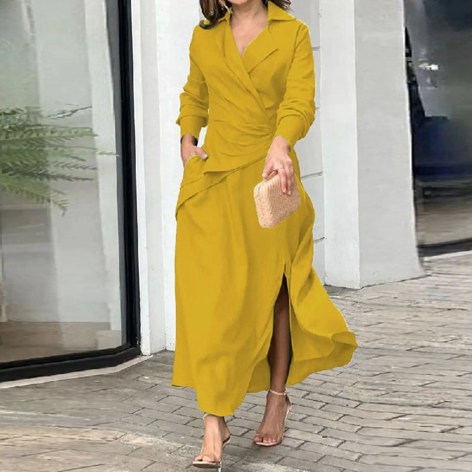 2024 New Summer Shirt Dress Women Elegant Dress Office Sundress Casual Solid Color Maxi Dress Long Sleeve Lapel Neck Vestidos