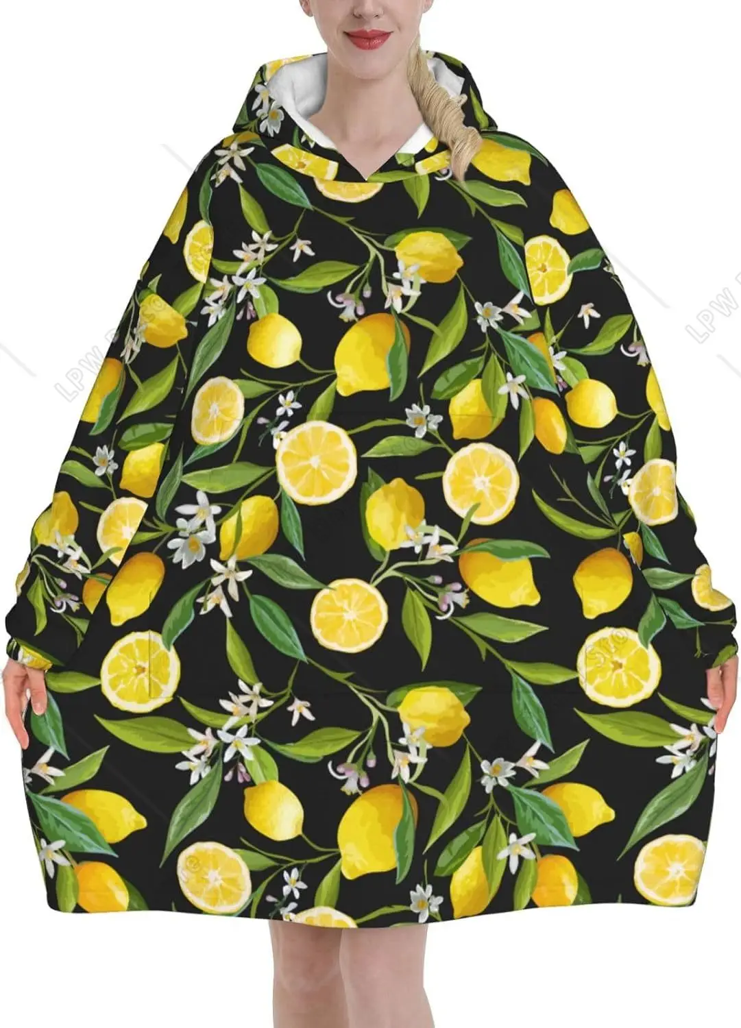 

Leaves Lemon Flowers Floral Adult Flannel Wearable Plush Blanket With Pockets Ultra Soft Plush Warm Hoodie