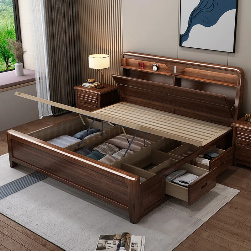 Walnut, charging, solid wood bed, master bedroom with light, storage, double bed