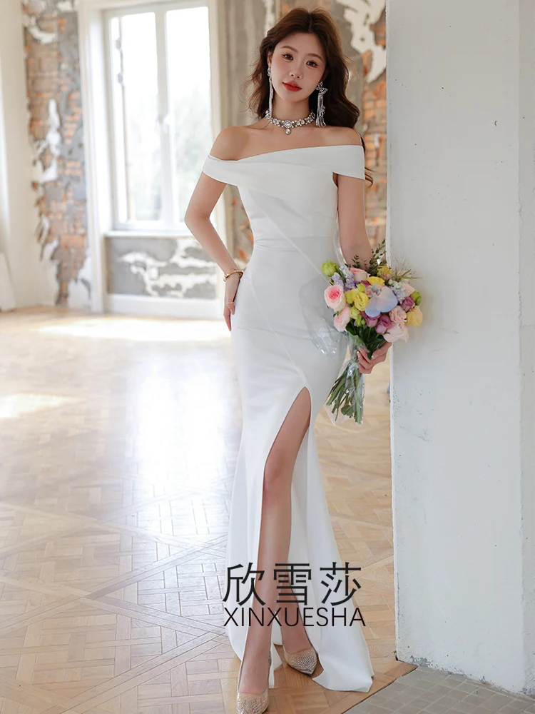 

White Evening Gown One oulder Long Tail Slimming Dr Host Birthday Warrobe Wedding Dr Faionable ort Sve Long Dr