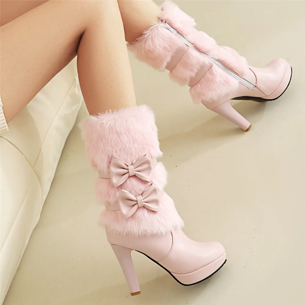 2024 Fashion Winter Womens High Heel Boots Pink White Black Fur Tassel Bowtie Lovely Lolita Ladies Zip Party Wedding Shoes 33-43