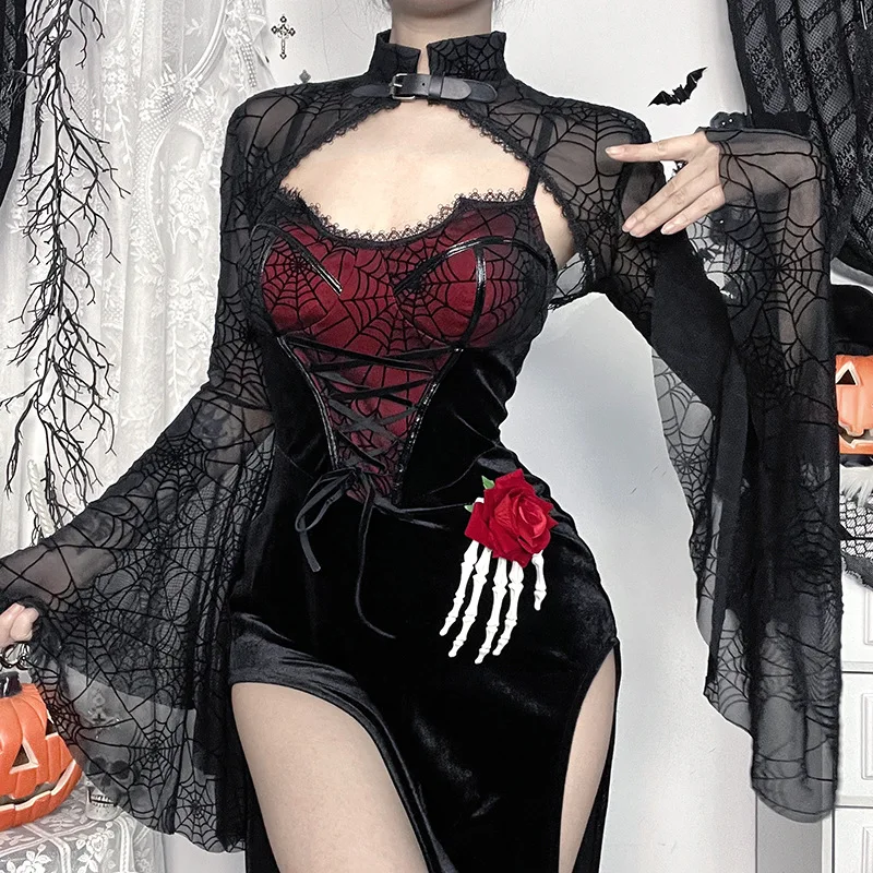 Vestido Gótico de loween com Fenda Alta em Veludo Transparente e Estampa de Teia de Aranha, com X, Top Micro-Leve Escur...