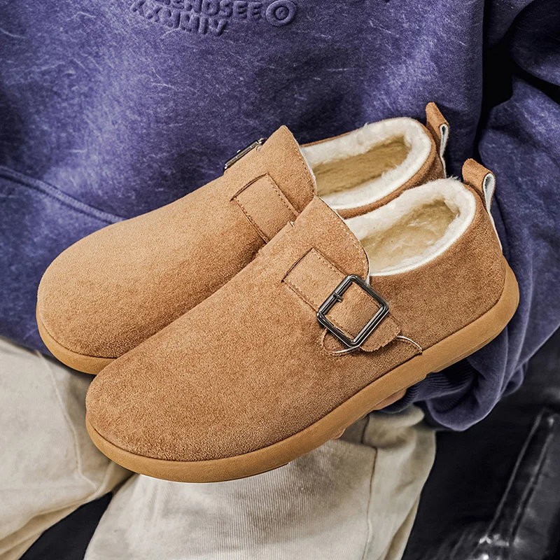 Chaussures d'hiver pour hommes, chaussures épaisses et moelleuses doublées en coton, chaussures chaudes en fourrure, bottes de neige à bout rond, Style loisirs, chaussures à fond plat