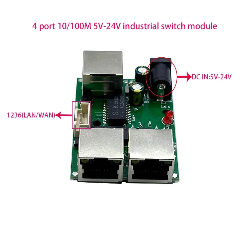 Mini PCBA  4 Ports Networkmini ethernet switch module 10/100Mbps  5V 12V 15V 18V 24V
