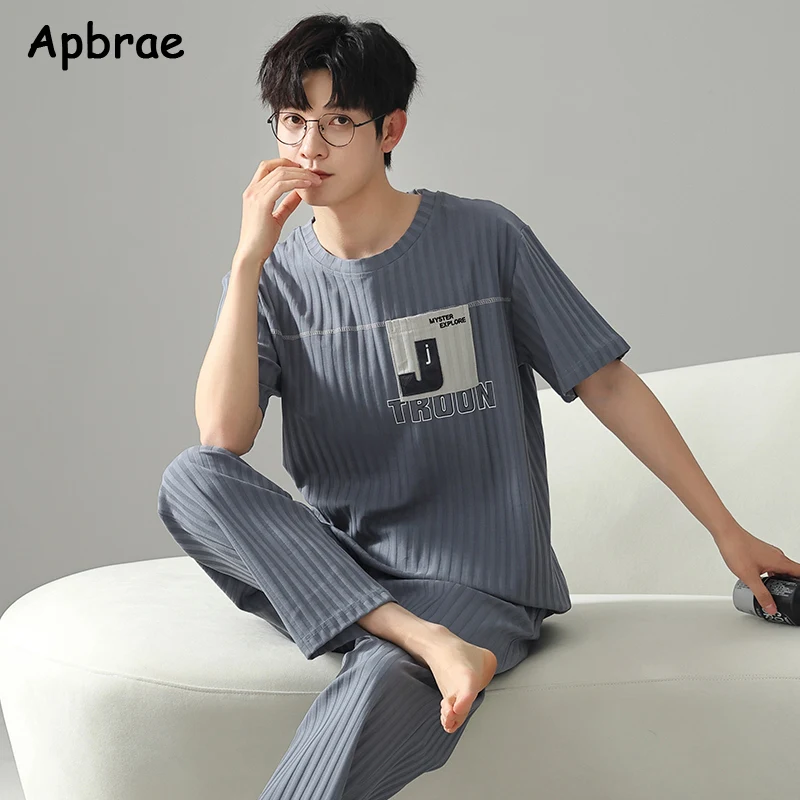 Printemps Automne Hommes Pyjamas Doux Manches Courtes Long Pantalon À Carreaux Ensembles De Pyjama Plus La Taille L-3XL Homme Homewear O-cou Homme zones vêtements d'extérieur