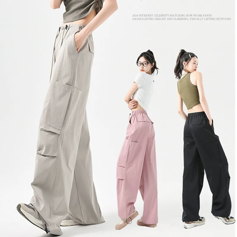 BOWEYLUN New American Style High-waisted Work Pants Women's Autumn Casual Trouser Quick-drying Wide-legged Sweatpants Female