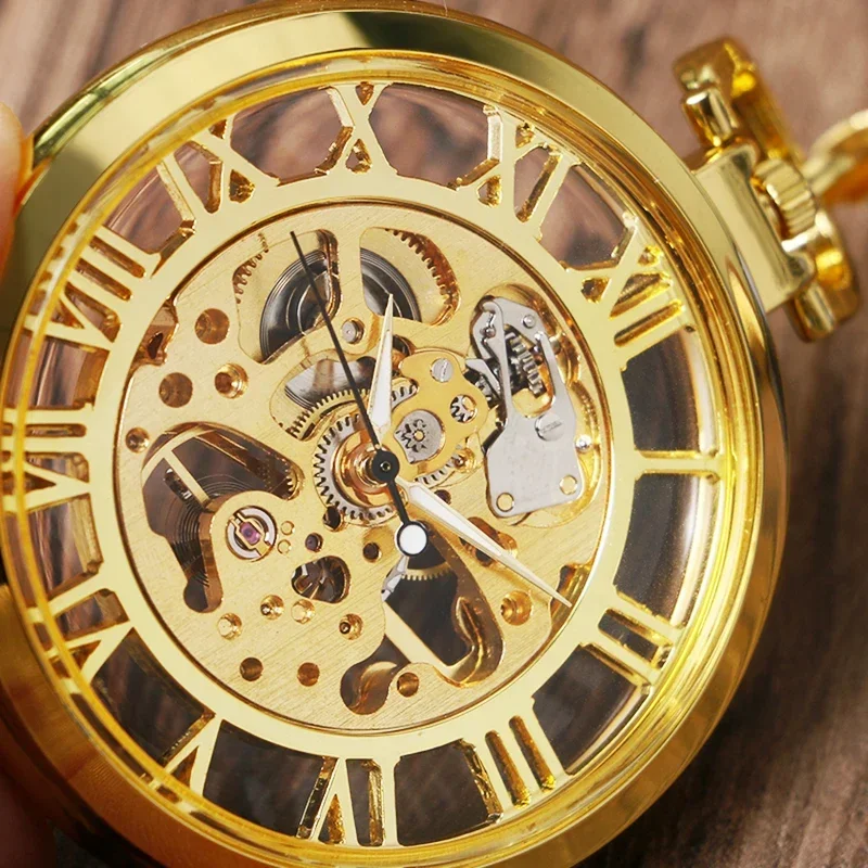Elegant Pocket Watch Gold FOB Chain Pendant Men Antique Style Analog Watches Skeleton Women Mechanical Modern Best Gift P1039C