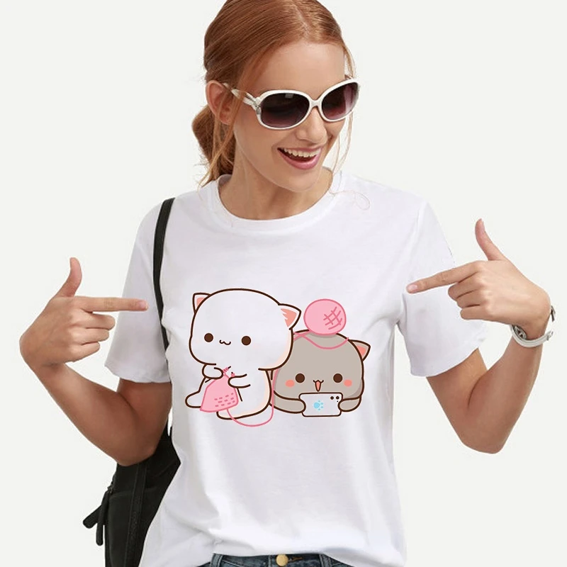 Kawaii Women Clothing Peach and Goma Mochi Cat Cartoon Print Tshirt Femme Korean Style Clothes Harajuku Shirt Tops Short Sleeve