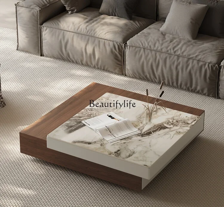 

Italian Minimalist Coffee Table Stone Plate Square Rotating Small Apartment Storage Modern Minimalist High-End