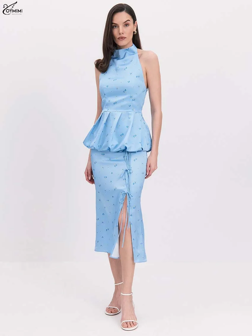 

Oymimi Elegant Blue Print 2 Piece Sets Woman Outfit Fashion Ruffled Sleeveless Open Back Tops And Lace-Up Side Slit Skirts Sets