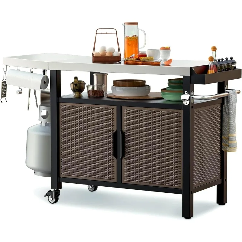 Dining Cart Table Storage Cabinet  Steel Countertop, Rolling Kitchen Island Worktable with Side Shelf