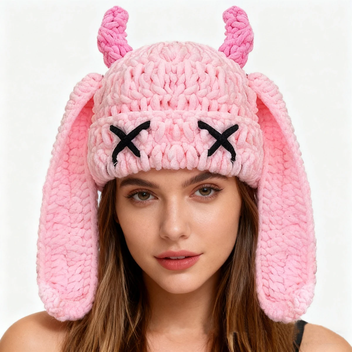 قبعة متماسكة على شكل قرن الشيطان من الكروشيه يدويًا، قبعة صوف عصرية للخريف والشتاء، سميكة ودافئة، ناعمة الملمس، تصميم أرنب طويل الأذن، قبعة عصرية وفريدة من نوعها للطقس البارد، مناسبة لملابس غير رسمية للاستخدام اليومي.