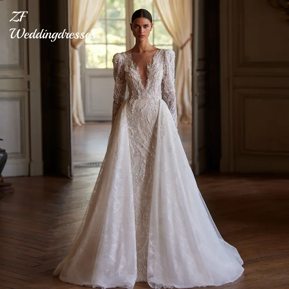 

Customized Mermaid Wedding Dresses V-Neck Long Sleeve Embroidery Detachable Train Made Bridal Gown Vestido De Novia