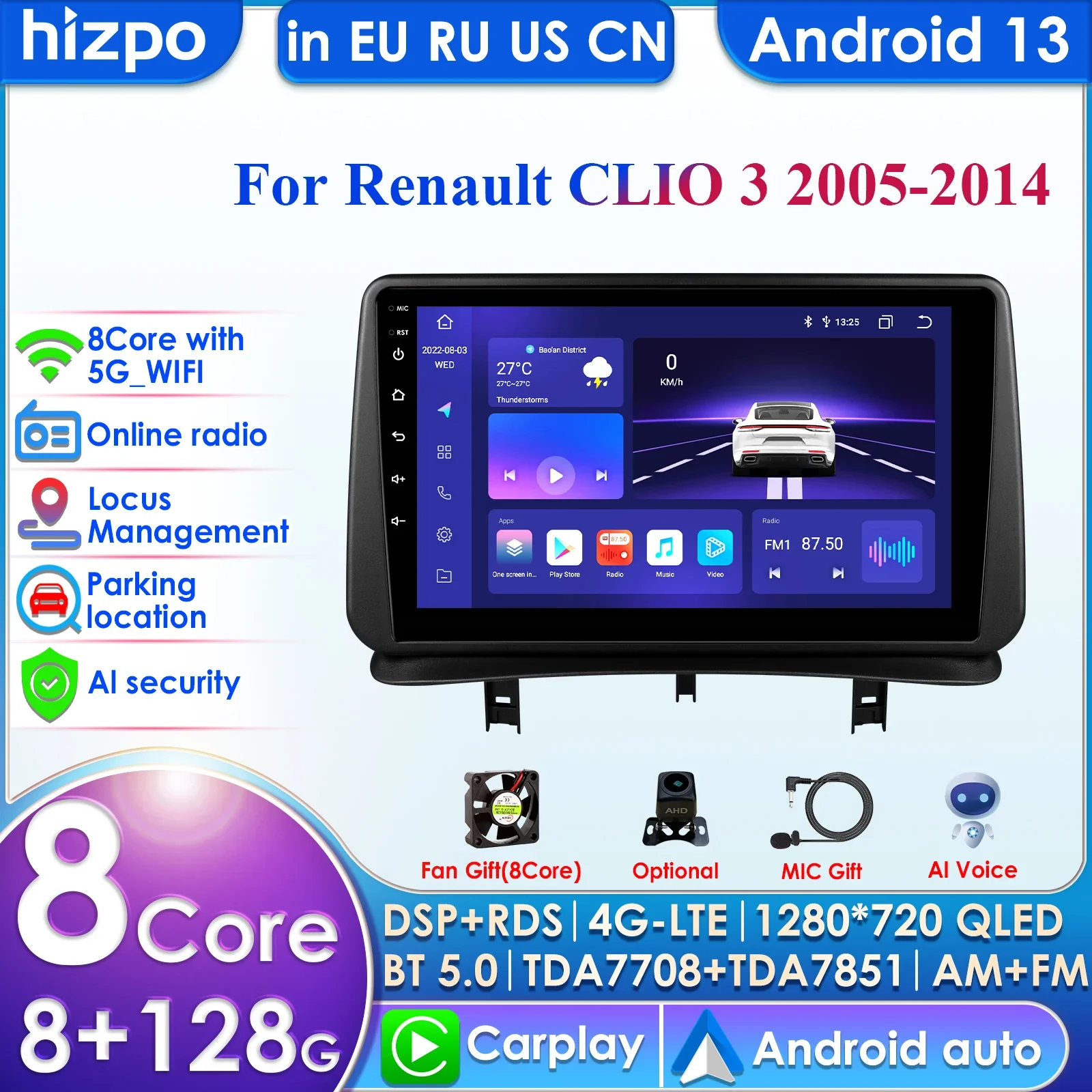 Hizpo CarPlay 4G 2 Din Android 13 รถวิทยุสําหรับRenault CLIO 3 2005-2014 วิดีโอมัลติมีเดียAIเครื่องเล่นอัจฉริยะGPS DSP WIFI RDS