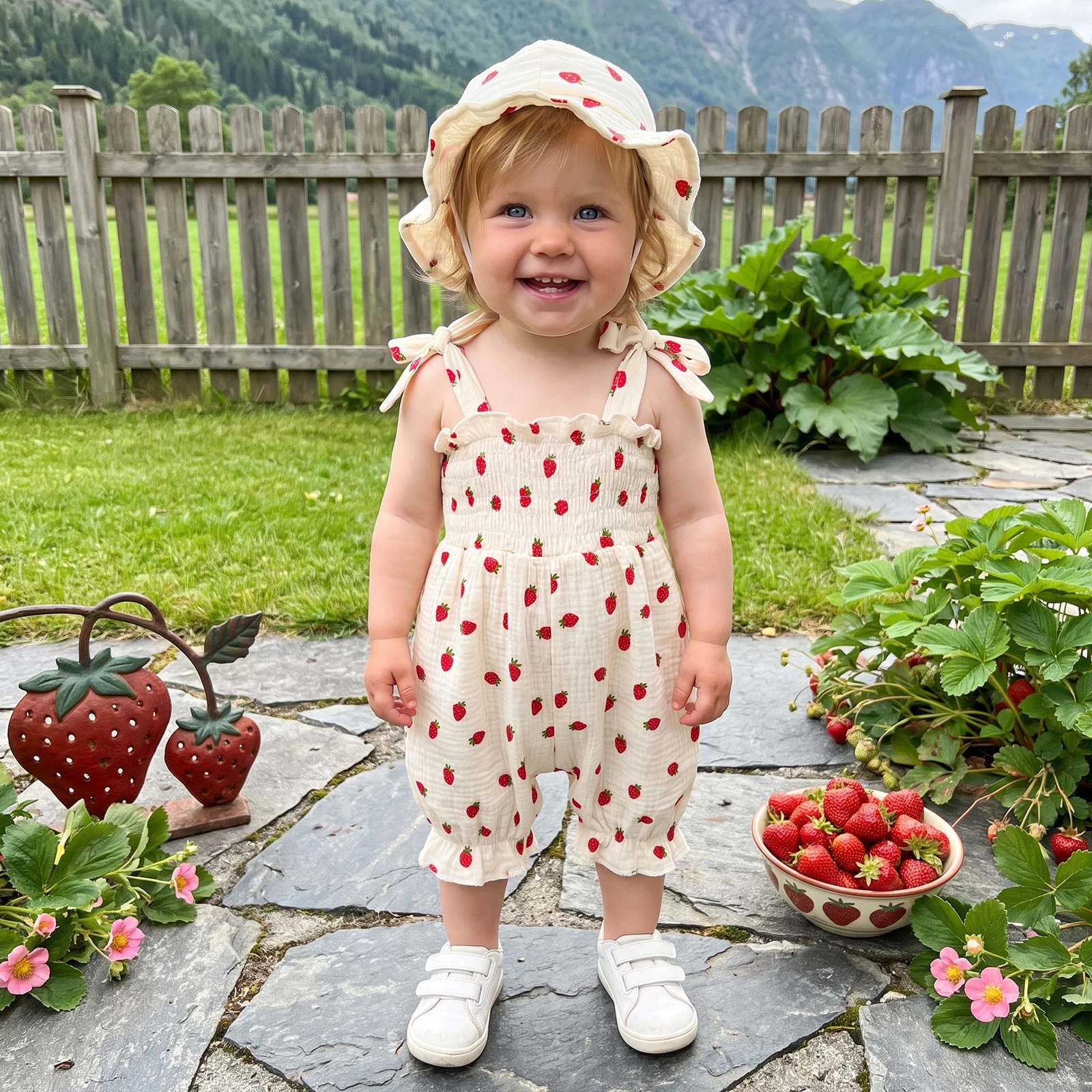 Baby Girl Summer Romper Sleeveless Strawberry Print Jumpsuit with Hat