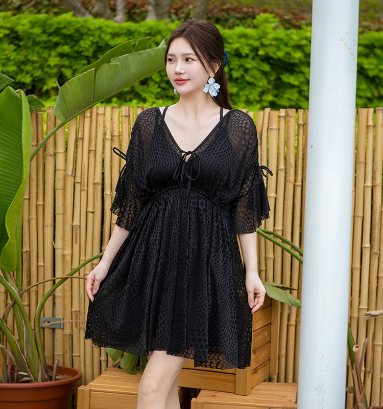 Plus Size 3pcs Women Swimsuit Up To 150KG Hollow Lace Cover Dress High Waist Skirt Tank Bikini Spa Hot Spring Beach Bathing Suit
