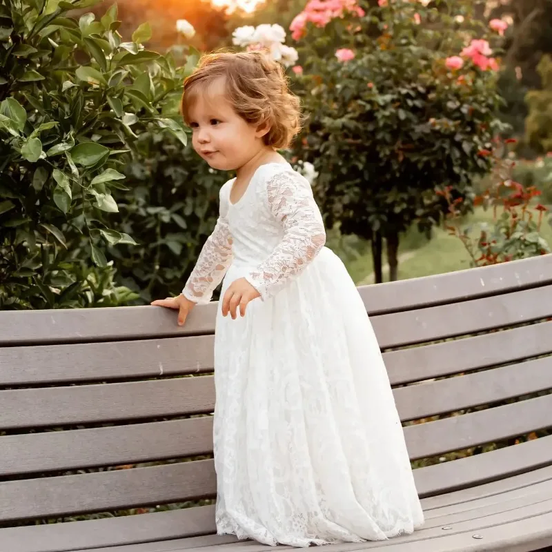 Elfenbein Spitze Blumen mädchen Kleid A-Linie v zurück lange Ärmel Baby Mädchen Prinzessin Hochzeit Geburtstags feier Erstkommunion Kleid