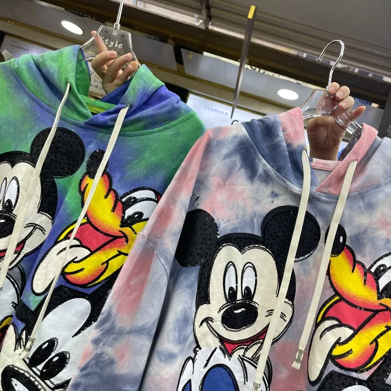 American Retro Style Full Diamond Cartoon Distressed Loose Hooded Sweatshirt Women's Popular Pullover Long Sleeved Casual Hoodie